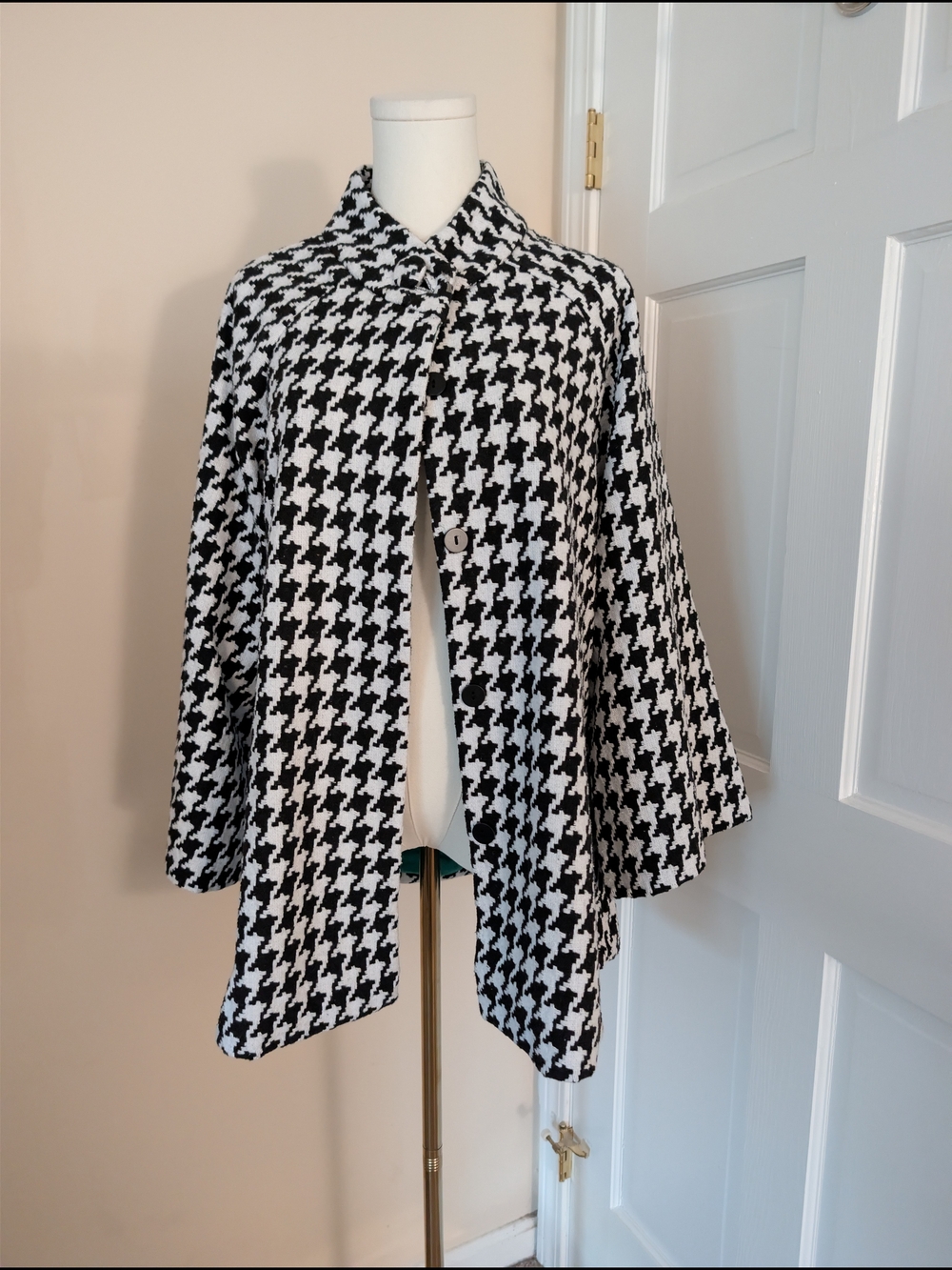 NWT Prosperina Gold Label Black White Houndstooth Car Coat XS Emerald Lining